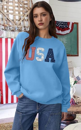 Image of LAZYCHILD USA Sweatshirt Women American Flag Shirt Patriotic TShirt Stars Stripes Pullover 4th of July Tee Tops