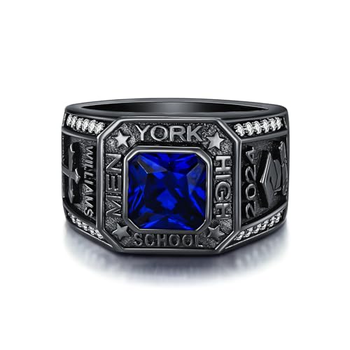 Dorunmo Custom Men's 925 Sterling Silver Class Ring – Personalized For 2025 Graduation, Black With Birthstone