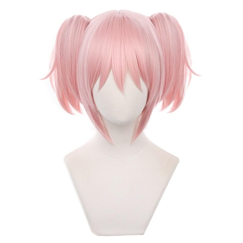 Tongtta Short Pink Cosplay Anime Wig with 2 Ponytail Heat Resistant Halloween Costume party Wig