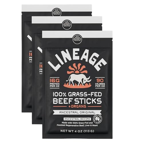 Lineage Provisions Grass Fed Beef Sticks Ancestral Recipe with 16G Protein Per Oz - Air Dried High Protein Snack for Energy & Everyday Snacking 3-Pack