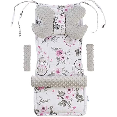 Medi Partners Universal Insert for a pram and a Stroller seat 5pcs. Overlay for The Belt + Overlay for The Headband Cotton Plush (Dreamcatchers with Flowers with Grey Plush) Cover