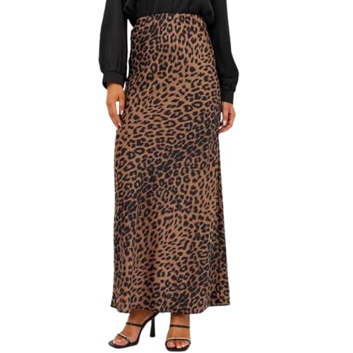 Women Leopard Print Satin Skirt High Waist Hidden Elasticized Waistband Maxi Satin Skirts Silk Flowy Elegant Dress