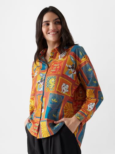 Image of The Souled Store Official Looney Tunes: Indie Vibes Women Oversize Fit Full Sleeves Graphic Printed Polyester Multicolored Shirt Shirts Casual Button-Down Half Sleeve Printed Graphic Short