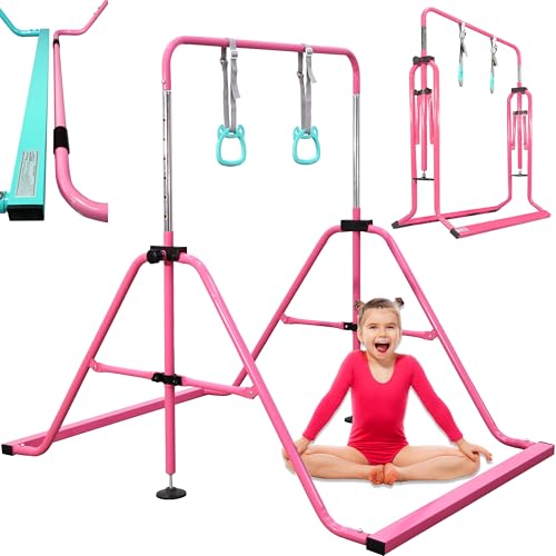 PreGymnastic Folding Gymnastics Bar with Rings, Foldable Kip Bar with Sturdier Base, Training Bar for Kids Ages 3-10, Horizontal Bar, Home Gym Equipment for Boy Girl