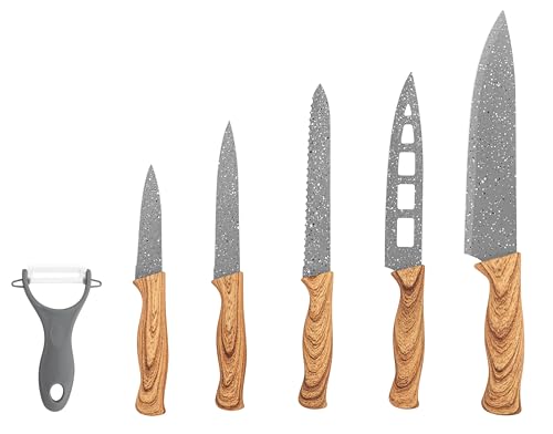 Kimbatex Kitchen Set de 5 Cuchillos + Pelador Cocina Premium con Pelador 6 Diseños | Acero Inoxidable Antiadherente,Ergonómico Profesional y Decorativo (Madera Clara & Hoja Gris Granito)