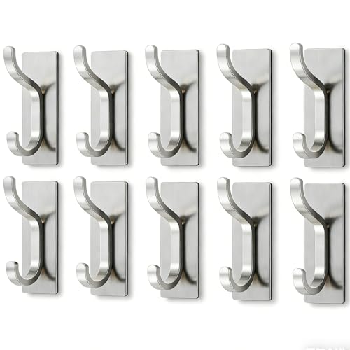 pickpiff Adhesive Wall Coat Hooks - Heavy Duty Stick-On Door Hanger, Metal Hook for Hanging Towel,Purse, Robe, Backpack, Jacket, Clothes - for Bathroom,Dorm, Closet, Kitchen - Brushed Silver, 10 Pack