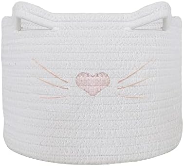LUSE LIVE Small Woven Basket,Rope Storage Basket with Handle,Cute Cotton Basket for Nursery,Cat Dog Toy Storage Organizer Basket,Storage Bins for Toy Organizer,White-pink,10×10×7 inch