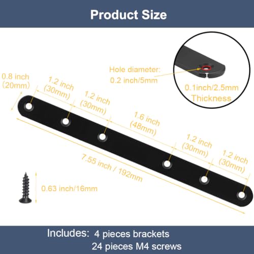 Image of 4 Pcs Black Flat Bracket 8 Inch Stainless Steel Straight Braces, Mending Plates Repair Fixing Brackets Heavy Duty Straight Repair Joining Plates with Screws