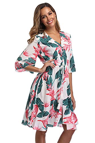 Image of VintageClothing Women's Floral Sundresses Flowy Boho Summer Beach Dress | Lightweight Breathable material,Elegant V Neck and Button Front Design,Flared Bell Sleeve Cut,Mini Casual dress