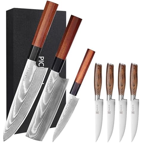 PICKWILL Steak Knives,Steak Knives Set of 4, Ergonomic Wood Handle,Damascus Knife Set 3-Piece,Damascus Kitchen Knife Set with 67 Layers Damascus Steel Kitchen Knife,Ultra Sharp Japanese Knife Set Cover