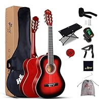 【Complete Set of Accessories】36”beginner guitar set with 8 practical accessories brings you a complete all-in-one classical guitar set at an affordable price. The guitar comes with footstool, wall mount hanger, capo, E-tuner, gig bag, polishing cloth...
