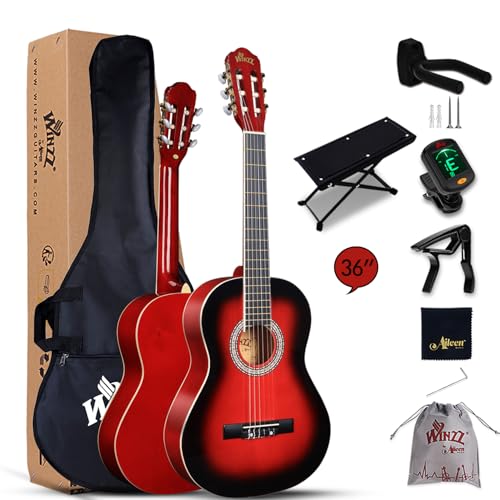 Winzz Konzertgitarre 3/4, Klassische Gitarre Anfänger Set für Kinder - Rot Glänzend (36 Zoll)