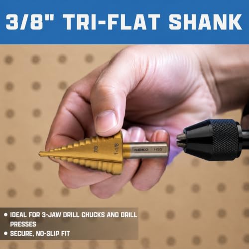 Image of NEIKO 10626A Step Drill Bit, 2 Steps 7 /8 inch to 1-1 /8 inch Straight High Speed Steel, Titanium Nitride Coated, 3 /8 inch Tri-Flat Step Bits for Steel, Metal, Wood, Plastic, Unibit Cone Drill Bits, Two Flute