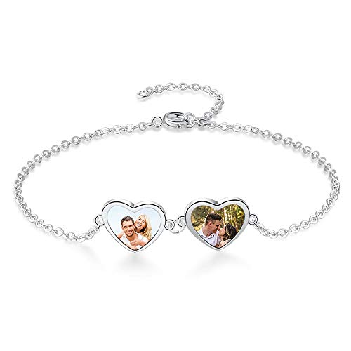 Personalized Photo Charm Bracelet for Women - Heart Locket Bracelet for Women Engraved Name Link Charm Bracelet with Simulated Birthstone Adjustable Chain for Mom BFF Girls Lovers Birthday Gift