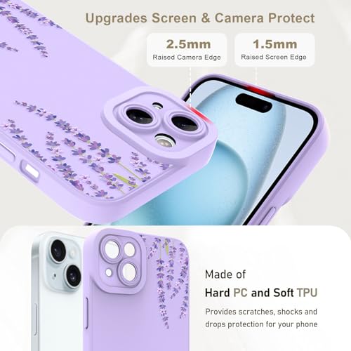Image of Designed for iPhone 15 Case, Cute Lavender Flower Floral Pattern Design, Slim Soft TPU Liquid Silicone Protective Cover for Women Girls - Purple