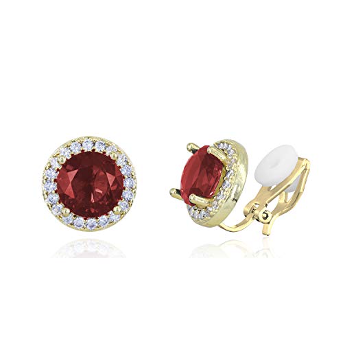 YOQUCOL 8mm Red Zirconia Crystal Golden Clip On Stud Round Non Pierced Earrings For Women Girls
