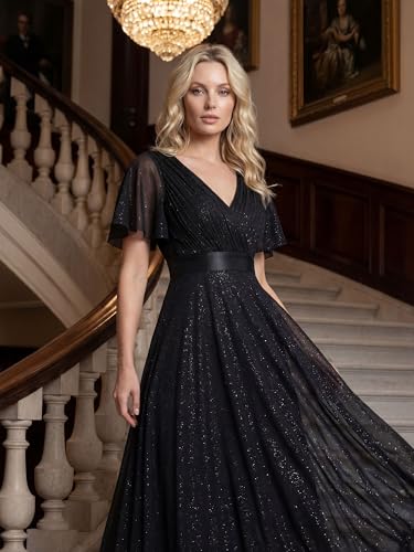 Image of Ever-Pretty Women's Summer Glitter Formal Dresses Evening Gown V Neck Short Sleeves Floor Length Mother of Bride Dress 50159
