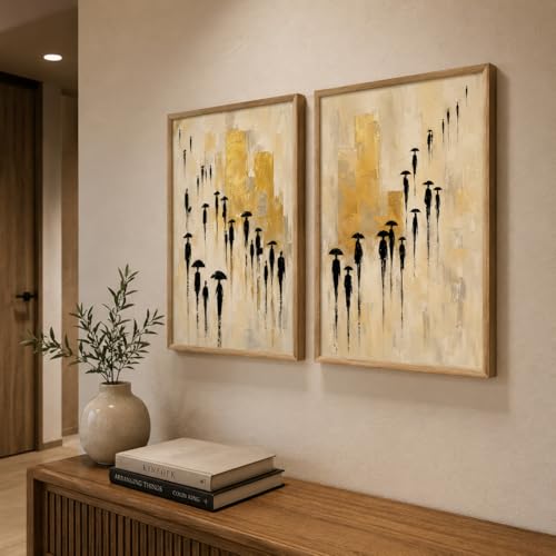 Image of Livin'luxe Set of 2 Umbrella People Abstract Wall Photo with Frame for Living Room Bedroom Study Office Decor, Premium Wooden Synthetic Frame Luxury Artwork Gift