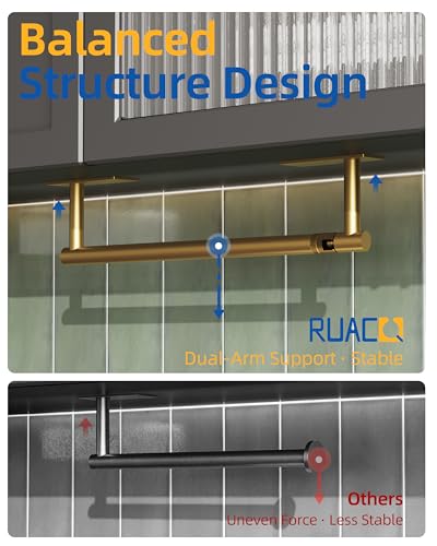 Image of RUACQ Paper Towel Holder Under Cabinet, Wall Mounted or Adhesive Stainless Steel Paper Towel Holder,Square Base Paper Towel Rack for Kitchen, RV, Bathroom (Brushed Gold)