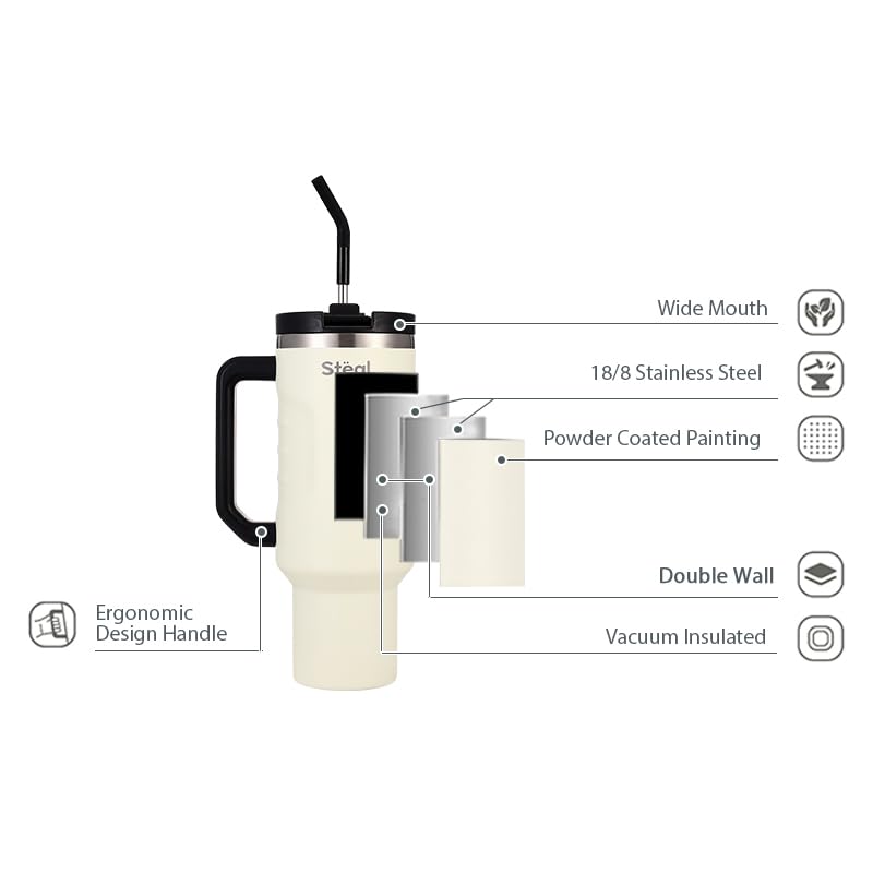 Image of Tumbler with Straw - 1.2L Insulated Coffee Tumbler with Handle | Keeps Drinks Hot 12h Cold 24h | Leakproof Travel Sipper for Office Gym | Stainless Steel Straw