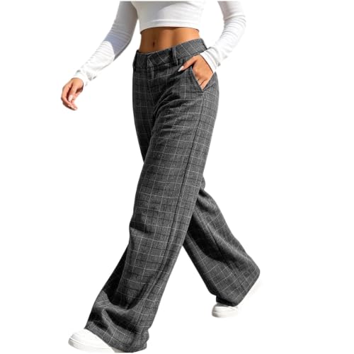 Womens Plaid Straight Leg Pants High Waist Pocket Checked Casual Trousers - image 9