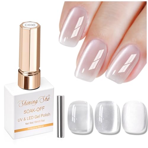 Shining She Esmalte Ojo de Gato Semipermanente de Uñas en Gel UV LED,15ml Clásico Cristal Jelly Plata Blanco Cat Eye Gel Polish,Pintauñas Semipermanentes para Principiante Uñas Art Salón,1PCS