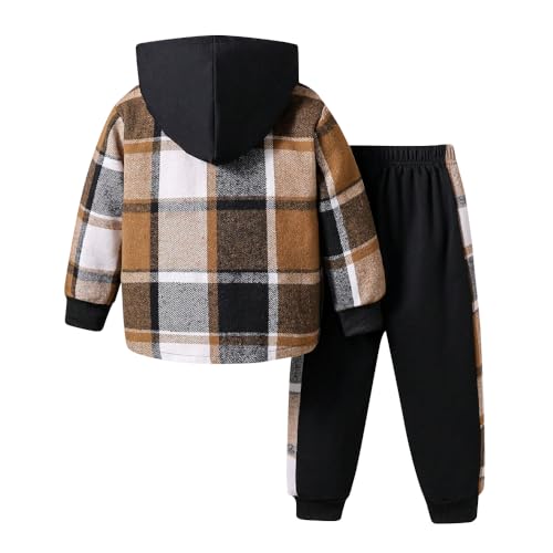 Image of Nivne Tco Toddler Boys Clothes - Button Plaid Hoodie Jacket & Sweatpants Sets - 2 Pieces Boys Clothes Outfits