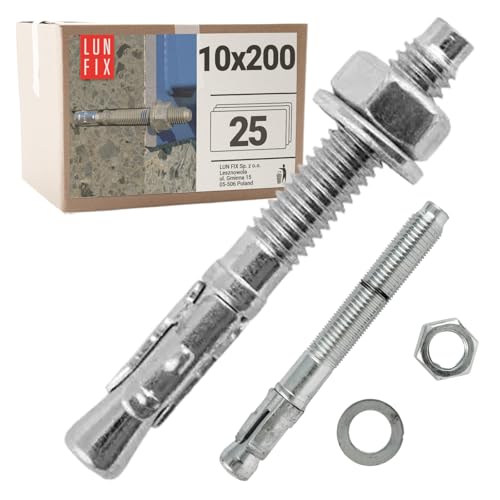 Boulons ancrage béton 10x200 25 pcs – Cheville molly acier zingué avec goujon, tige filetée, écrou, rondelle – Fixation charge lourde, vis béton, scellement chimique, Ancrage robuste Lun Fix