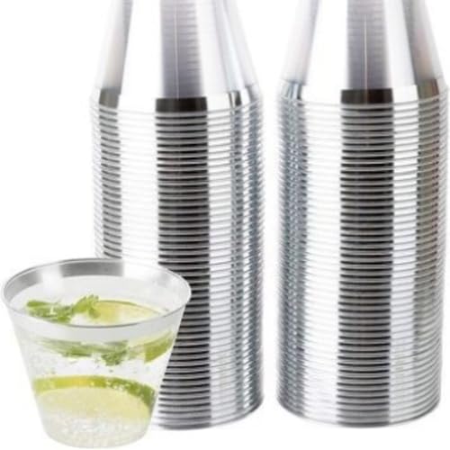 Fiegcit 9オンスプラスチックカップ 9oz透明 50個/100個高級ゴールド/シルバーのグリッター 結婚式 パーティー用航空ジュースムースプリンアイスクリーム使い捨てシャンパンデザート (D,100個)