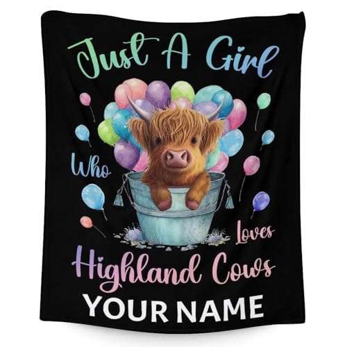 Personalized Highland Cow Blanket Gifts with Name - 50x60 Inches Cute Throw Blanket for Girls - Colorful Soft Fuzzy Blankets for Bed, Couch & Living Room