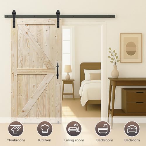 S&Z TOPHAND® 28in x 84in Double Unfinished British Brace Barn Door with 10FT Sliding Hardware Kit/Solid Wood/Double Surfaces/Simple Assembly is Required