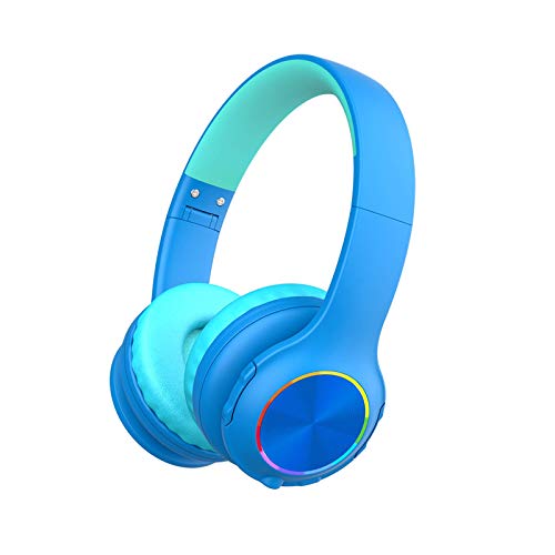 2021 Bluetooth Kids Headphones Fit for Aged 3-21, Colorful LED Lights Comfort Wireless Headphones with Microphone 94dB Volume Limited for School/iPad/PC/TV/Cellphones, Wired & TF Card Mode, Blue