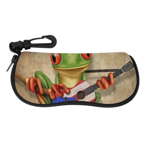 メガネケース メガネポーチ ギターを弾くアマガエル カエル 可愛い ファスナー式 軽量 眼鏡ケース 小物入れ 柔らかい 防滴可能 擦り傷防止 フック付き 持ち運び便利 おしゃれ プレゼント