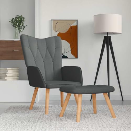 Teenpull Sillón de relax con taburete, tela gris oscuro, acogedora silla tapizada con patas de madera, sillón de lectura para salón, dormitorio, máx. 110 kg de carga