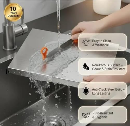 Image of Stainless Steel Chopping Board with Knife Attached, Large | Steel Cutting Board for Kitchen, Vegetable Chopping Board