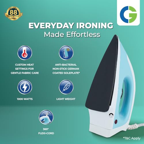 Image of CG -IRADR1000 Adrina Dry Iron 1000 W with Anti-Bacterial Non-Stick, German Coated Soleplate, 360 Degree Flexi Cord, Shock Proof Body, BIS Certified 2 Yr Replacement Manufacturer Warranty