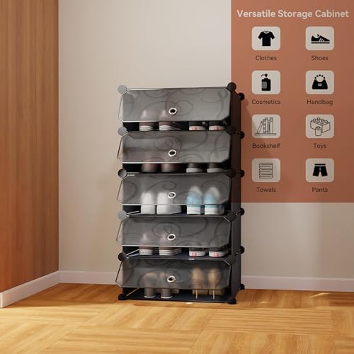 Image of Premium Multipurpose Modular 𝟓 𝐒𝐇𝐄𝐋𝐅 Plastic Shoe Rack for Home with 5 Door | Stackable Organizer | Waterproof & Dustproof | Space Saving Storage for Home, Bedroom & Entryway - Black