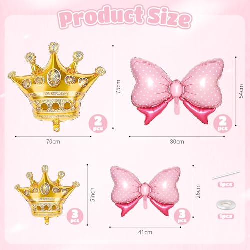 Image of 10 Pcs Gold Crown Balloons And Pink Bow Balloon Light Pink Bows Balloons | Light Pink Bows Balloons Large Gold Crown Foil Balloon With Two Sizes For Birthday Baby Shower Theme Party Wedding Bridal