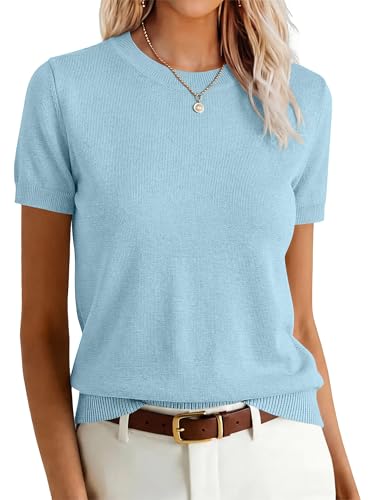 Image of ANRABESS Womens Short Sleeve Sweaters Wool Blend Crew Neck Sweater Shirts Business Casual Work Tops 2026 Summer Outfits