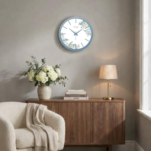 Image of RANDOM Navy Blue Plastic Flower Print Sweep Silent Round Battery Operated Analog Wall Clock for Home Office, Living Room, 30 cm