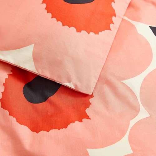 Image of MARIMEKKO - Queen Duvet Cover Set, Soft Cotton Bedding for Year Round Comfort, 3 Piece Floral Bed Set with Matching Pillowcases (Unikko Coral Pink)