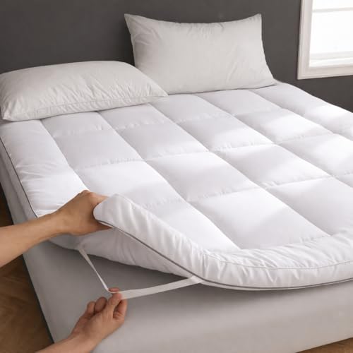 Single Bed Mattress Topper 5cm Thick White | Quilted Microfibre Fill | Soft Fluffy & Breathable Topper | Anti-Allergy Washable Mattress Strong Elastic Strap (Single)