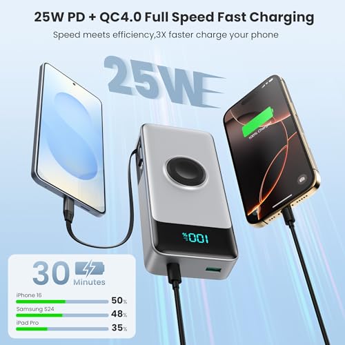 Image of 5-in-1 Portable Charger for iPhone,40800mAh Power Bank Built-in Retractable Cable and iWatch Charger,25W PD QC4.0 Fast Charging Battery Pack,Travel Essential Phone Charger for iPhone 17 /16 /15,Android