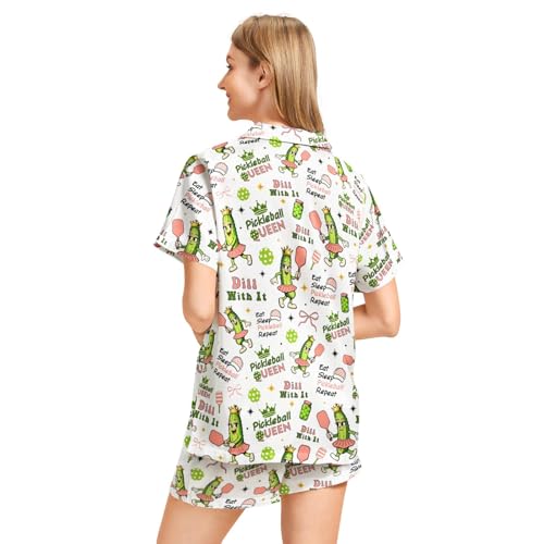 Image of Funny Satin Pajamas Set for Women Button Down Sleepwear Print Pjs Set 2 Piece Short Sleeve Loungewear Gift for Women