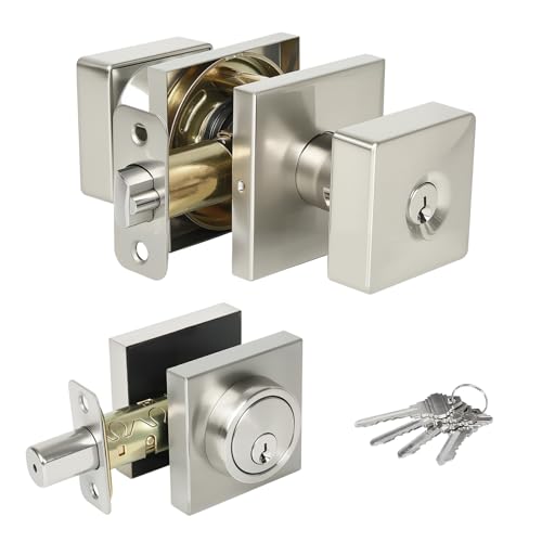 Cielsa Dawn Square Door Knobs Exterior Door Lock Set with Deadbolt, Single Cylinder Deadbolt Door Locks with Keys, Keyed Alike (Satin Nickel,1PACK)