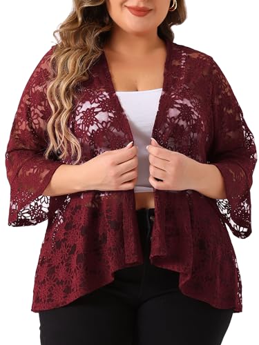Image of Agnes Orinda Women Plus Size Open Front Lace Cardigans | 3 /4 Bell Sleeve Sheer Formal Bolero Shrugs Lightweight Floral Crochet Cover Up