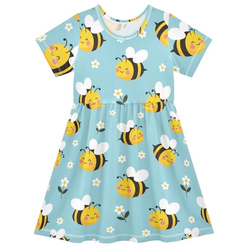 Emelivor Bees Cartoon Teal Girls Summer Dress Toddler Girl Skater Dresses Short Sleeve Dress for Kids,2T