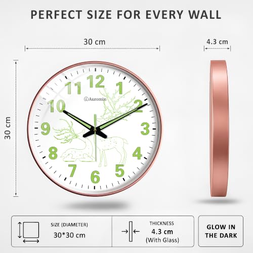 Image of Auromin Antique Radium Glass Wall Clock Night Glow for Bedroom | Night Light Silent Glass Wall Watch for Living Room, Living Room, Study (Clock-GL-Deer-RDM-DYNY)