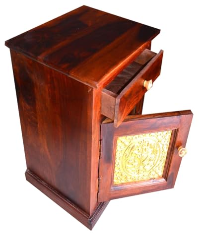 Image of Solid Sheesham Wood Bedside Table for Bedroom | Handmade Pure Wooden Bed Side Nightstand End Table with 1 Drawers & 1 Open Shelf Storage for Home & Bed Room | Rosewood, Dark Brown Finish