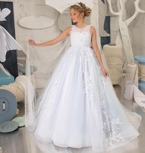 Girls Tulle Flower Girl Dresses for Wedding Lace Appliques Princess Pageant Dress Long First Communion Dress for Girls3